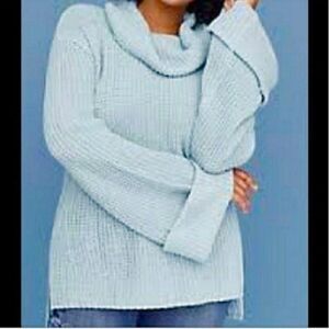 Lane Bryant Cable Knit Draped Cowl Cuffed Bell Sleeve Turquoise Sweater Sz 18/20